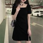 Short-sleeve Square-neck Mini Dress Black - One Size