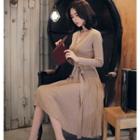 Tie-waist Pleated A-line Knit Dress
