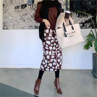 Woolen Knit Cardigan & Patterned Midi Skirt Set Brown - One Size