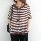 Striped Short-sleeve Hooded Knit Top
