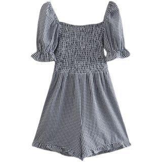 Puff-sleeve Gingham Romper