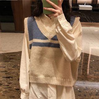 Plain Shirtdress / Two-tone Knit Vest