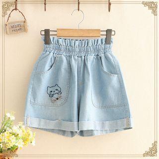 High-waist Bear Embroidered Denim Shorts