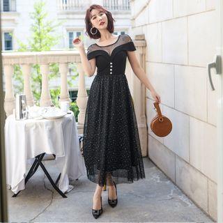Short-sleeve Mesh Panel Rhinestone Midi A-line Dress
