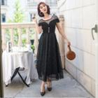 Short-sleeve Mesh Panel Rhinestone Midi A-line Dress