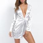 V-neck Long-sleeve Mini Sheath Dress Blue - S