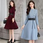 Mock Neck Buttoned Knit A-line Dress
