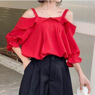 Cold-shoulder Elbow-sleeve Chiffon Top