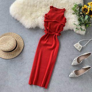 Halter-neck Ribbed Midi Knit Dress