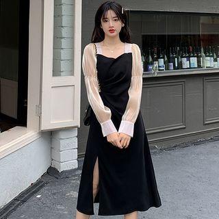 Long-sleeve Two-tone Slit Midi A-line Dress