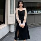 Long-sleeve Two-tone Slit Midi A-line Dress