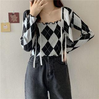 Plaid Drawstring Cardigan / Plaid Cropped Tank Top