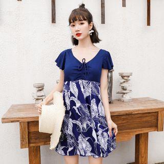 Leaf Print Swimdress / Swim Goggles / Nose Clip / Ear Plugs / Swim Cap / Waterproof Mobile Pouch / Drawstring Organizer Bag / Set