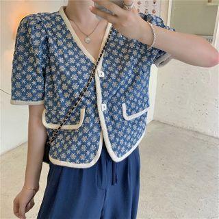 Short-sleeve Floral Embroidered Buttoned Top