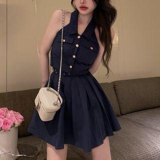 Halter-neck Button-up Top / Pleated A-line Skirt