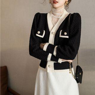 Long Sleeve V-neck Contrast-trim Cardigan