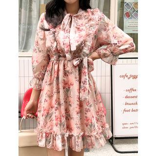 Frill-trim Floral Print Chiffon Dress Pink - One Size