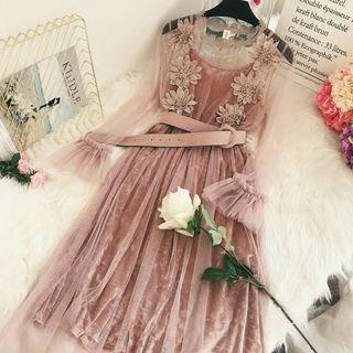 Set: Velvet Slipdress + Long-sleeve Mesh Dress