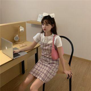 Short-sleeve Buttoned Top + Spaghetti Strap Plaid Dress