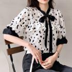 Elbow-sleeve Patterned Frill Trim Chiffon Top