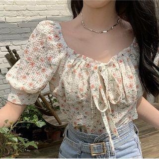 Bell-sleeve Ruched Floral Blouse As Shown - One Size