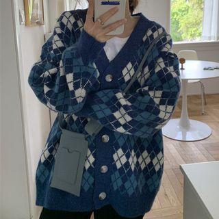 Knitted Plaid V-neck Cardigan