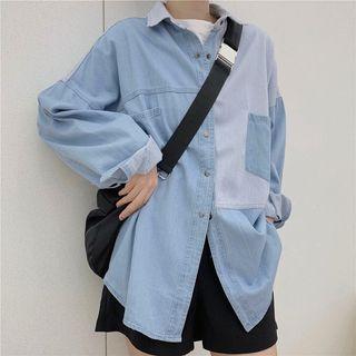 Long-sleeve Color-block Loose-fit Shirt Blue - One Size