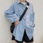 Long-sleeve Color-block Loose-fit Shirt Blue - One Size