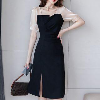 Mock Two-piece Puff-sleeve Asymmetrical Shirred Dress (various Designs)