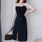 Mock Two-piece Puff-sleeve Asymmetrical Shirred Dress (various Designs)