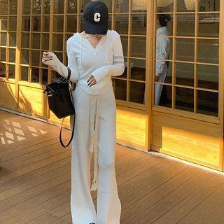 Hooded Knit Top / High-waist Wide-leg Pants