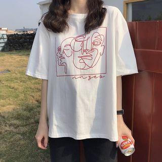 Short-sleeve Face Print Round Neck T-shirt