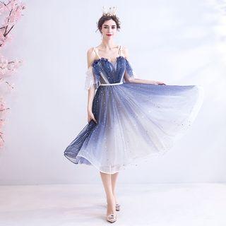 Gradient Cold Shoulder Midi A-line Prom Dress