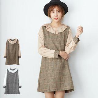 Mock Two Piece Plaid Long-sleeve Dress