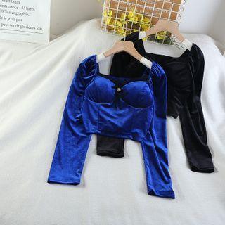 Long-sleeve Padded Velvet Crop Top
