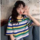 Striped Elbow-sleeve Cropped T-shirt As Shown In Figure - One Size