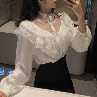 Long-sleeve Ruffled Lace Paneled Choker Neck Top