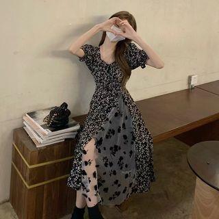 Puff-sleeve Floral Mesh Panel Midi A-line Dress
