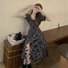 Puff-sleeve Floral Mesh Panel Midi A-line Dress