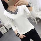 Long-sleeve Star Embroidered V-neck T-shirt