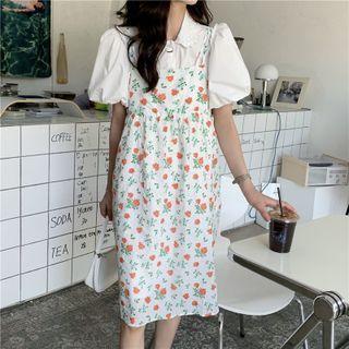 Puff-sleeve Shirt / Floral Print A-line Overall Dress