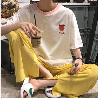 Embroidered Elbow-sleeve T-shirt / Wide-leg Pants