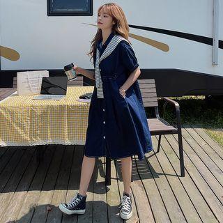 Set: Denim Midi A-line Shirt Dress + Striped Shawl