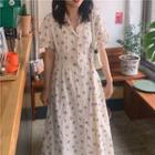Short-sleeve Floral Midi A-line Dress Beige Almond - One Size
