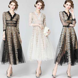 3/4-sleeve Floral Embroidered Dotted Mesh Midi A-line Dress