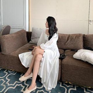 Square-neck Balloon-sleeve Midi A-line Dress