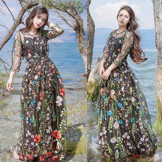 Flower Embroidered Long Sleeve Maxi Dress