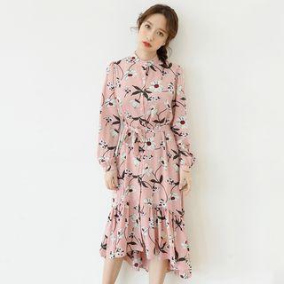 Ruffled-hem Floral Midi Dress