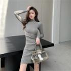 Long-sleeve Mock Neck Open Back Ribbed Knit Dress Gray - One Size