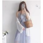 Ruffle Trim Long Light Jacket / Spaghetti Strap Midi A-line Mesh Dress With Slipdress